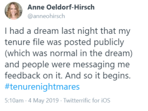 Anne Oeldorf Hirsch tweet about having a nightmare that her tenure file was made public.